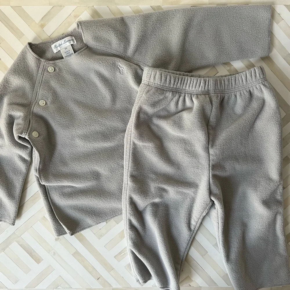 RALPH LAUREN Grey Fleece Kimono PJ Set, 6mo